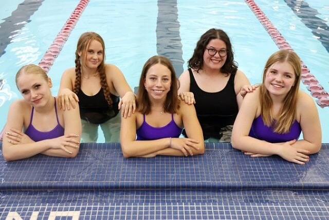 Photo courtesy Cherise Feser/
Sequims girls swim team recognized its seniors, from left, Holland Sol, Naomi Beglyakov, Annie Ellefson, Kate Brouillard, and Violet Phillips at their final home meet on Oct. 22.