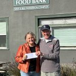 Photo courtesy OPBA/
Tom Coonelly with the Olympic Peninsula Bicycle Association (OPBA) presents Andra Smith, executive director of the Sequim Food Bank, a grant worth $3,969. The OPBA has disbanded and board members agreed to distribute its remaining funds equally to eight area nonprofits.