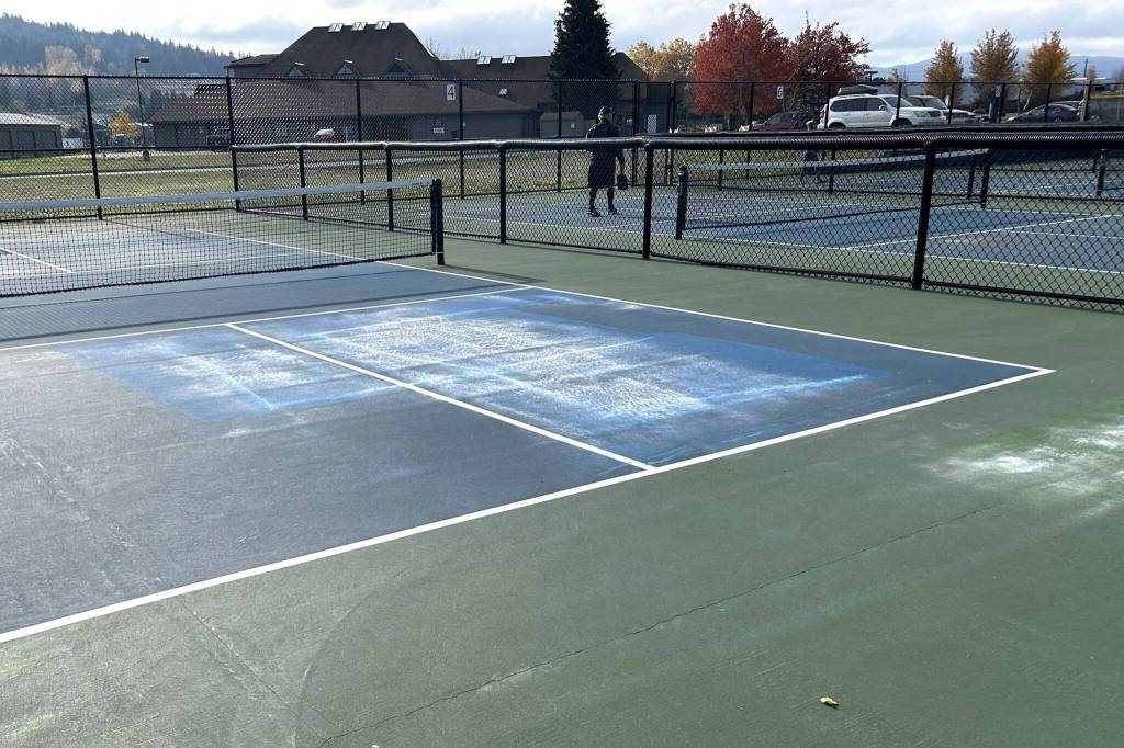 Sequim Gazette photo by Matthew Nash/
Pickleball court No. 1 was closed on Halloween and remained closed through Tuesday, Nov. 4, as City of Sequim crews attempted to remove swastikas and a Nazi slogan.