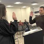 Photo courtesy Megan Lyke/
Nicholas Bell is sworn in by Clallam County Judge Elizabeth Stanley on Nov. 3 as the newest member of the Sequim School Districts board of directors.
