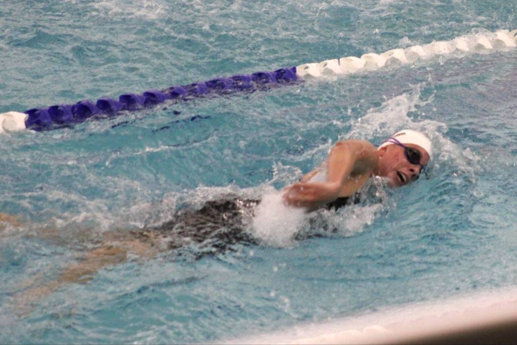 Photo courtesy Eric Ellefson/
Annie Ellefson competes for Sequim in the 100-yard freestyle race. She cut two seconds off her best time for fifth overall at the West Central District meet. She qualified for the 2A state meet this weekend in the 100-yard breastroke.