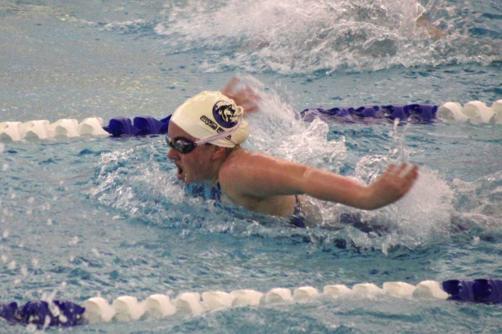 Photo courtesy Eric Ellefson/
Emma Rhodes swims for Sequim at the West Central District swim meet tournament.