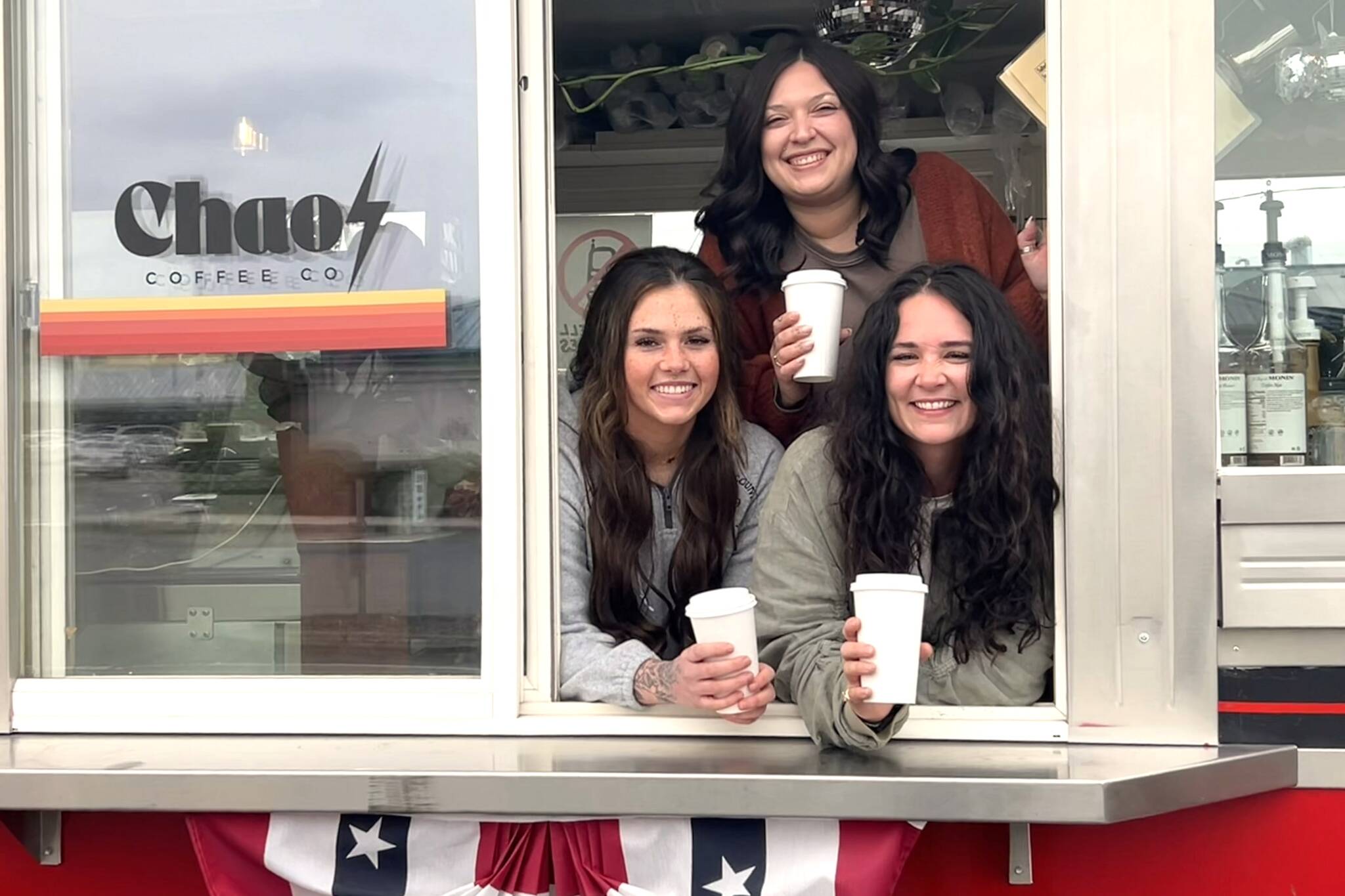 Sequim Gazette photo by Matthew Nash
Baristas, from bottom left clockwise, Zoe Thompson, Caitlin Hughes, and Allie Decker stand inside Chaos Coffee at 651 C W. Washington St. in the Sequim Village Shopping Center. It opened in March, and Decker, its manager, said she takes pride in offering local coffee and treats, and handling orders quickly.