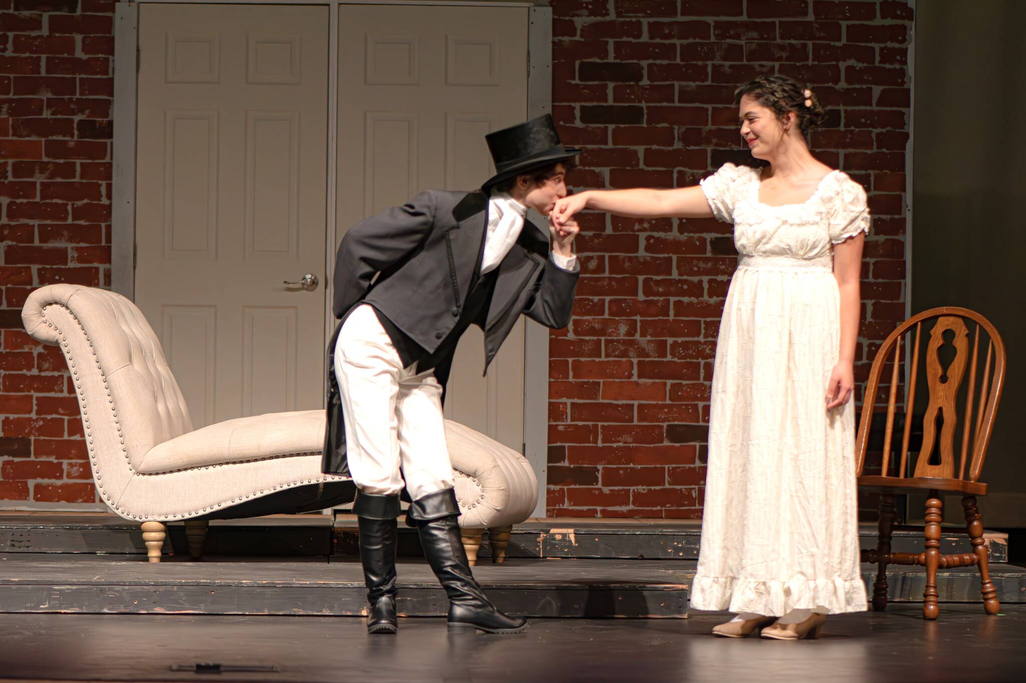 Sequim Gazette photo by Monica Berkseth
Seniors Charlie Medlong (Mr. Bingley) and Ahrya Klinger (Jane Bennet) rehearse a scene in the Sequim High School production of Pride and Prejudice.