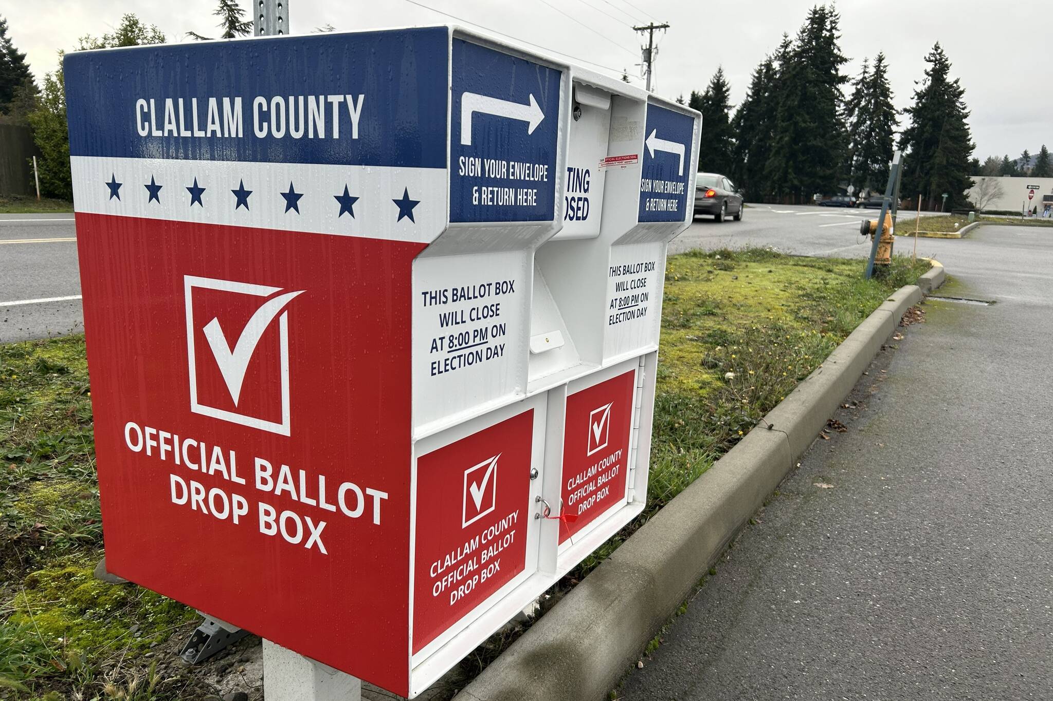 Sequim Gazette photo by Matthew Nash/
Carlsborgs ballot drop box at 261461 U.S. Highway 101 near Sunny Farms and adjacent to Mill Road, is one of two Sequim area drop boxes for local elections, including in the City of Sequim in the parking lot at 651 W. Washington St. in front of the future home of Shipley Center, Sequims senior center.