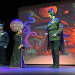 Sequim Gazette photos by Matthew Nash
In OTAs Santa Claus conquers the Martians, Kimar (Colby Thomas), right, speaks with the wise Martian Chochem (Liam Patterson), center, as Hargo (Greg Bova) listens to the advice that they must abduct Santa Claus to help Mars children.