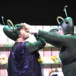 Sequim Gazette photo by Matthew Nash/
Martians Kimar (Colby Thomas) and Voldar (Ginny Holladay) channel their inner Three Stooges for a scene in Santa Claus conquers the Martians at Olympic Theatre Arts.