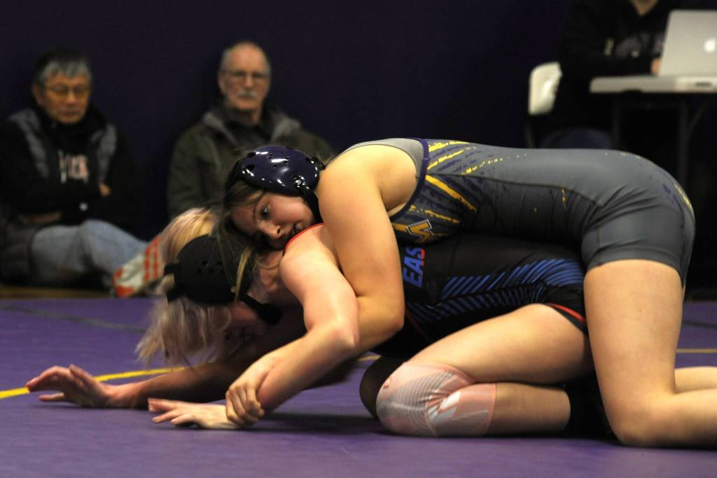 Sequim Gazette photo by Matthew Nash
Sequims Story Snow finds positioning to eventually pin East Jeffersons Grace Ayer in 1:55.