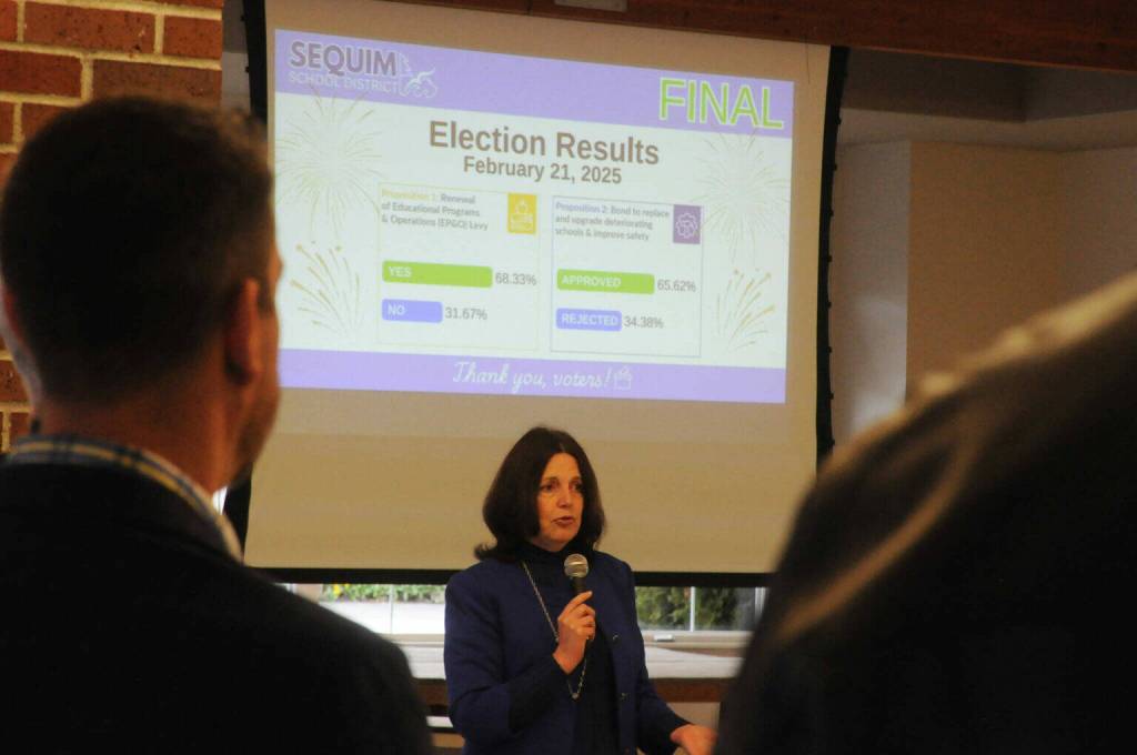 Sequim Gazette photo by Matthew Nash
Superintendent Regan Nickels for Sequim School District speaks to a crowd on Feb. 21 after the special election was certified showing the districts construction bond and levy renewal propositions passed. Nickels said the votes show residents trust us to move forward and do what is right by students.