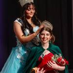 Sequim Gazette photo by Emily Matthiessen
Outgoing Irrigation Festival queen Ariya Goettling crowns incoming Queen Lily Tjemsland at the Royalty Ambassador Scholarship Pageant on Feb. 22 in Sequim High Schools auditorium. Along with Tjemsland, Malachi Byrne. Joanna Morales and Roxy Woods were chosen for the 2025 royalty.