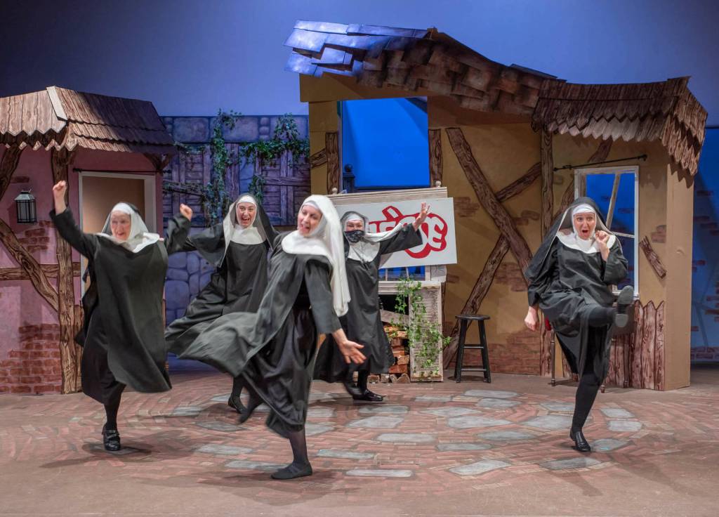 Photo by Emily Matthiessen/
At Sequims Olympic Theatre Arts Center, performers rehearse their roles as nuns dancing in a variety show in Nunsense, a musical comedy directed by Morgan Bartholick that ran from May 22-June 15. From left, Joodie Klinke as Sister Mary Hubert, Sunshine Peterson as Sister Mary Amnesia, Nicole Mischke as Sister Mary Lee, Cathy Dodd as Sister Mary Regina and Natalie Wilson as Sister Robert Anne light up the stage with humorous choreography by Jennifer Saul.
