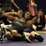 Sequim Gazette file photo by Matthew Nash
Wolves wrestler Finn Jones, pictured on Dec. 11 in Sequim, won three matches all by pin at the Pac Coast Wrestling Championships in Ridgefield in late December. He also won by pin on Jan. 3 at the Battle of the Axe in Port Angeles against Anacortes Wyatt Paul in 5:55.