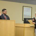 Sequim Gazette photo by Matthew Nash/
Brandon Janisse, Sequims mayor from 2024-2025, is sworn into office again as a city councilor by city clerk Heather Robley on Jan. 12.