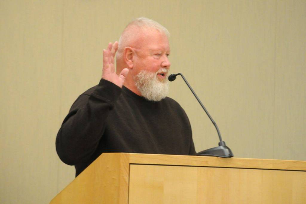 Sequim Gazette photo by Matthew Nash/
Pete Tjemsland, a former staffer for the City of Sequim for 35 years through 2024, is sworn into office as Sequims newest city councilor on Jan. 12.