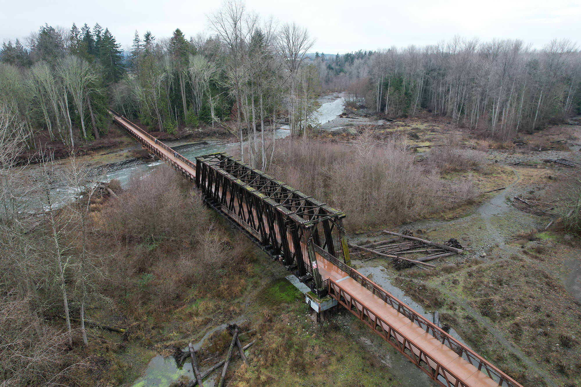 Photo by Mike Dashiell/ Jamestown SKlallam Tribe
The truss of the Dungeness River Railroad Bridge, pictured in early January, must be replaced with a steel structure due to its wood deteriorating, according to Jamestown SKlallam Tribe officials.