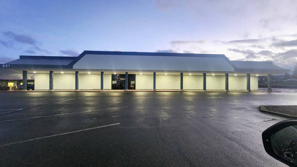 Photo courtesy Shipley Center 
New LED lights illuminate the exterior of what will become the Shipley Centers new  and larger  location.