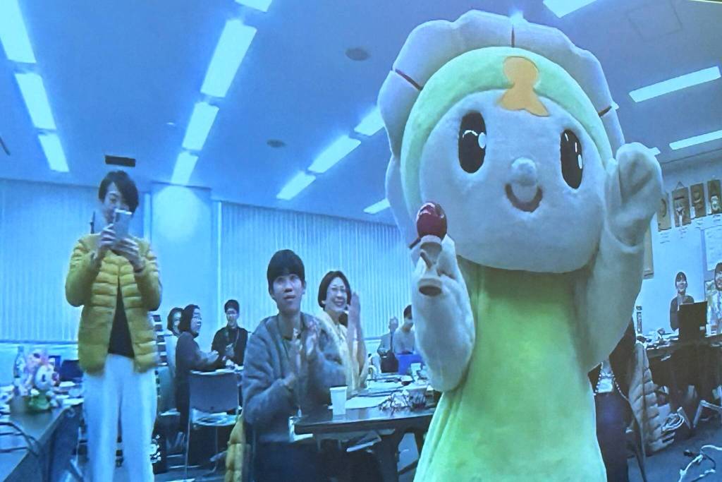 Shiso Citys mascot Shii-tan shows her skills playing with a ball and cup during a virtual meeting of sister cities Sequim and Shiso City, Japan. The two cities mailed traditional games and sweets to each other to share during the meeting on Jan. 24 and 25, depending on the time zone.