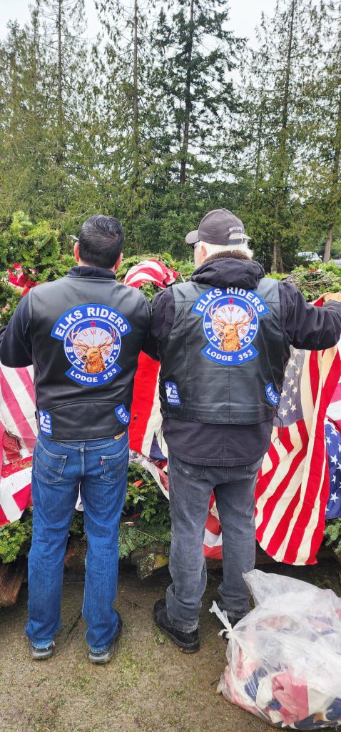 Local veterans and community partners that included Carlsborg VFW Post #6787, Sequim American Legion Post 62, and the Port Angeles Elks Lodge #353 Riders participated in the sixth annual event to properly retire veterans wreaths and worn U.S. flags.