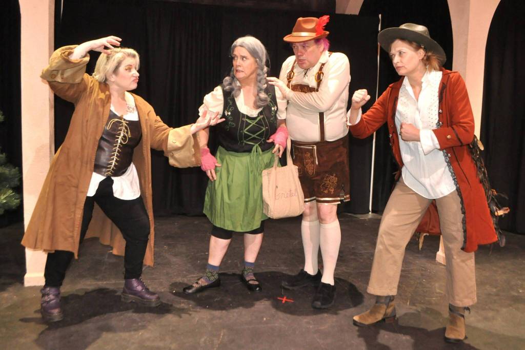 Sequim Gazette photo by Matthew Nash/
Sheriff Grimm (Tara Dupont) attempts to recruit Gretel and Hansel (Jeanne Klockers and Richard Stephens) as Nana Riding Hood (Rebecca Maberry) disapproves of Grimms actions.