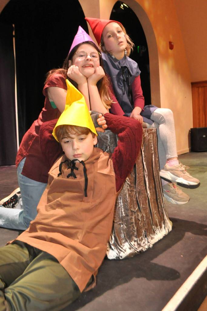 Sequim Gazette photo by Matthew Nash/
Gnomes Jonah Risinger, Mara Jordan and Penny Ray take a break in the woods on the set of Its Not About the Hood: Bernies Tale.