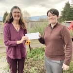 Photo courtesy Sequim-Dungeness Valley Chamber of Commerce
Cherie Melton happily accepts a check for one-half of the $1,340 raised by the Sequim-Dungeness Valley Chamber of Commerce through its annual 50-50 raffle. Throughout the year, members can purchase raffle tickets online or at chamber events for the December drawing. Half the money goes to the chambers Howard Wood Scholarship. Melton is presented the check by chamber Membership Coordinator Kendall Melton - her daughter.