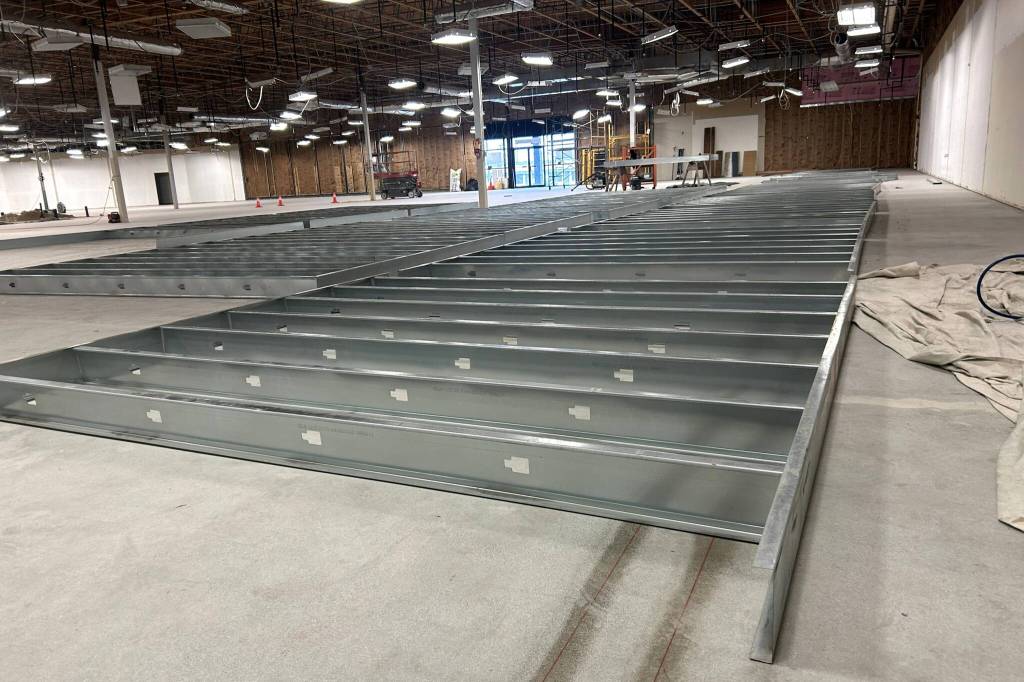 Sequim Gazette photo by Matthew Nash/
Inside the new Shipley Center building, the former JCPenney and Safeway, walls are being prepped for installation.