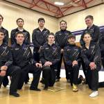 Sequim Gazette photo by Matthew Nash
Sequims statebound wrestlers include, from top left, Riley Downs, Andre Linson, alternate, Max Sivilli, Levi Breithaupt, Cash Hiner, alternate, Harper Campbell; from bottom left, Finn Jones, Ryan Spelker, Johnny Vilona, Brandon Bair, and Story Snow. Theyll wrestle in the Tacoma Dome in the 2A boys and girls state meets Feb. 20-21.