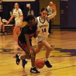 Sequim Gazette photo by Matthew Nash/ Gracie Chartraw picks up her defense at halfcourt.