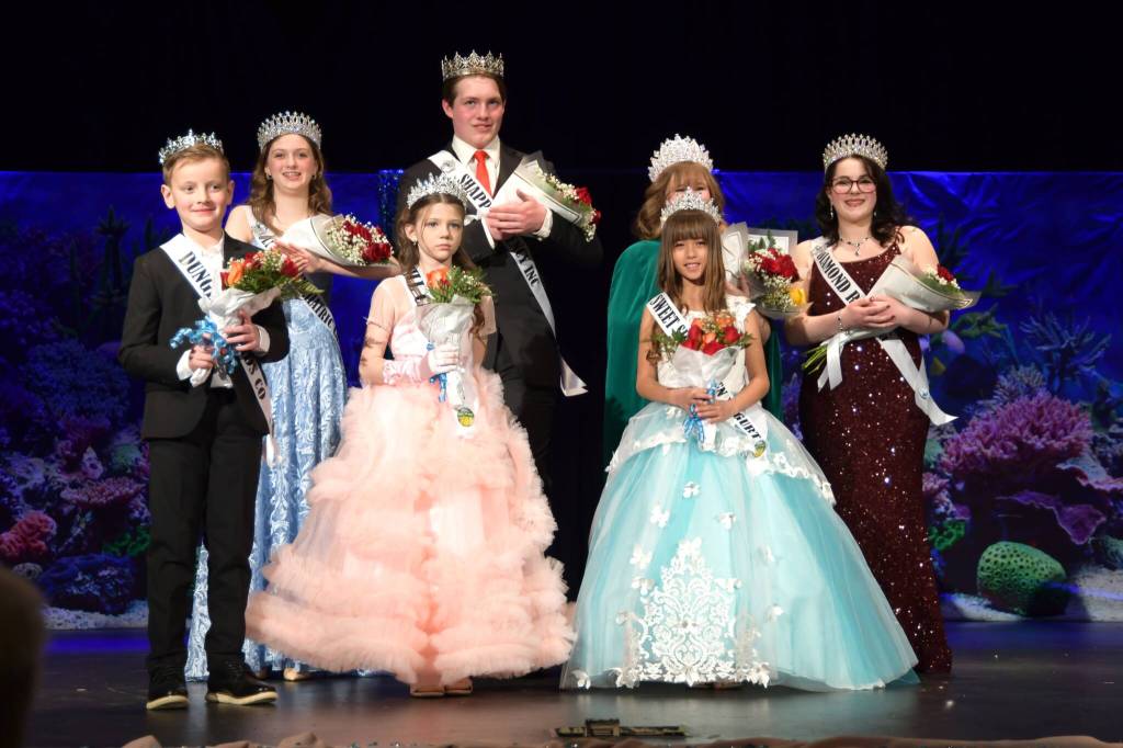 Sequim Gazette photo by Monica Berkseth/
This years Junior Royalty, include from left, Hudson Hueter, Stella Mueller, and Fern Ollerman. Not pictured is Paisley Bekkevar who was unable to attend the pageant on Feb. 21.