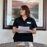 Sequim Gazette file photo by Matthew Nash
Cheri Tinker, executive director of Sarges Veteran Support, speaks at the dedication for LtCol James Minsky Place in 2024 in Sequim. She announced this month her plan to move to Oregon and that the organization will seek a new executive director that will operate out of Port Angeles to better serve the entire Olympic Peninsula, including Sequim.