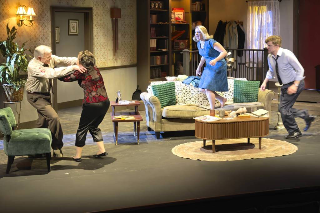 Photo by Mark Klinke/
Drama unfolds between husband and wife George and Martha (Vince Campbell and Joodie Klinke), on left, as visiting couple Honey and Nick (Courtney and Colby Thomas) react to the scuffle in Whos Afraid of Virginia Woolf?