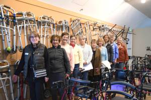 Sequim Gazette photo by Monica Berkseth
Soroptimist International of Sequim volunteers, from left, Virginia Kostanich, Elaine Powlesland, Loree Conrad, Natasha Merkuloff-Nichols, Shirley Legg, Suzanne Plemmons, Becky Archer, Denise Bayer, Chris Snow, and Susan Coffee celebrate the opening of its new space for the groups Medical Loan Closet. To make an appointment to request or return an item, or donate, call 360-504-0231.
