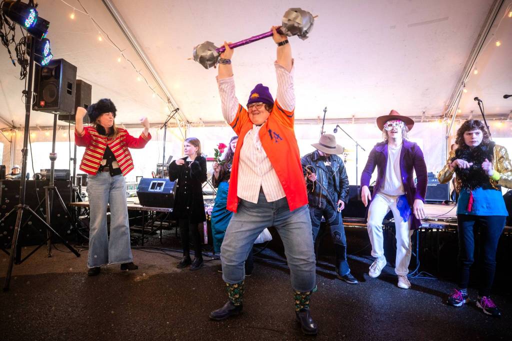 Photo courtesy Silas Crews, City of Sequim 
Members of Clallam Mosaic dance to This is Me from The Greatest Showman during the Shine On, Sequim! talent competition. Audiences voted for them to win the adult category of the contest.