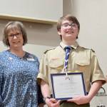 Photo courtesy New Dungeness Chapter, NSDAR
The New Dungeness Chapter, National Society Daughters of the American Revolution recently honored three Sequim Scout troops  Troop 90, Troop 1498 and Troop 7498  for their proper flag handling, display and disposal. Regent Anita Reynolds, second from left, is shown with, from left, Maddie Bower, Dominic Critchlow and Brycen Gorr, who accepted the certificates on behalf of their troops.