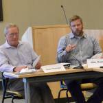 Sequim Gazette photo by Matthew Nash/
State Representatives Steve Tharinger and Mike Chapman discuss in 2018 funding strategies for completing the Simdars Road interchange off East Washington Street with City of Sequim leaders. Theyve worked together at various political levels since 2000. Hes one of the finest public servants Ive had the opportunity to know, Chapman said of Tharinger, who plans to retire from politics at the end of the year.