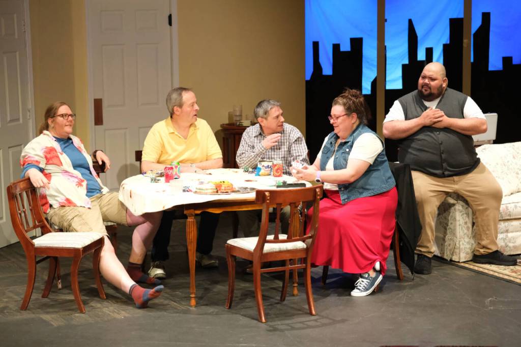 Photo courtesy Mark Klinke
Friends, from left, Christine Palka, Michael Hochstatter, Daniel Brown, Amy Henry, and Mario Arruda play a game of poker in The Odd Couple.