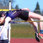 Sequim Gazette file photo by Emily Mathiessen
Clare Turella clears the high jump bar at an April home meet in 2025. She went on to win her second state 2A title with a 5-4 jump.