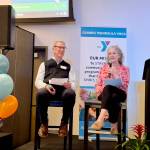 Photos courtesy Olympic Peninsula YMCA 
Rich Childers, president-elect of the Olympic Peninsula YMCAs board of directors, and CEO Wendy Bart lead the crowd in a trivia game.