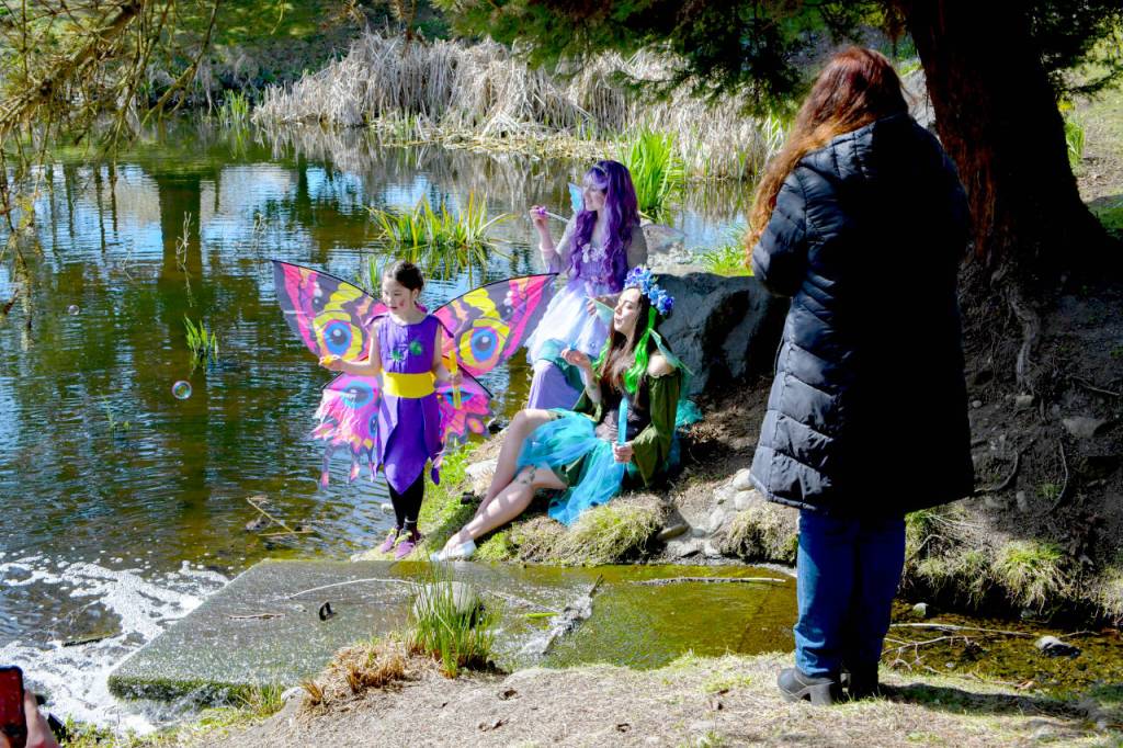 Sequim Gazette photos by Monica Berkseth
From left, Guppy McCaffrey, 9, of Port Angeles, Sadie Miller, 17, also of Port Angeles, and Jasmine Bailey of Sequim were happy to pose as garden fairies for fine art photographer Marina Shipova.