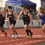 Photos by Sequim Gazette photo by Matthew Nash
In the 3200 meters, there were only four competitors for both boys and girls at the Sequim meet on April 15. Gavin Tupper, second from right, finished with a personal record of 10:59.07, while Jonathan Solovey, on left, finished with a PR in 11:15.80. Jackson Hines, in middle, ran 12:07.86 for Sequim, and Bremertons Veda Stewart set a PR too running 13:22.57.