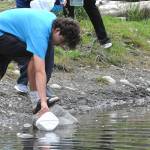 Sequim Gazette photo by Matthew Nash/ Nico Musso fills an empty milk carton at the Dungeness River for the Walk for Water event.