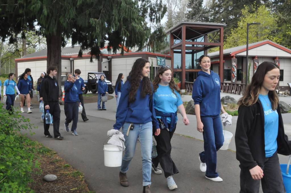 Sequim Gazette photo by Matthew Nash/ Students walk by the Dungeness River Nature Center during Sequim High Schools Interact Clubs annual Walk for Water fundraiser.