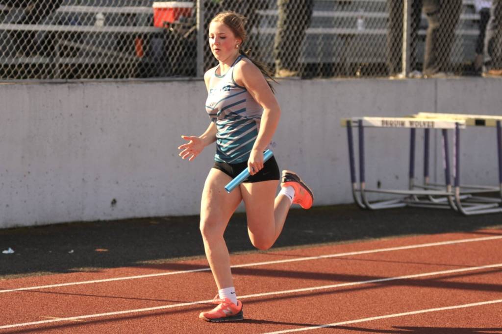 Sequim Gazette photo by Matthew Nash/
Vaira Luke won the 4X200 relay with Selene Dorkin, Nathalie Gomez and Hadley Wolslegel with a time of 2:04.94, and was fourth in the 4X100 with Faith Eaton, Brinley Johnson, and Zary Durham.