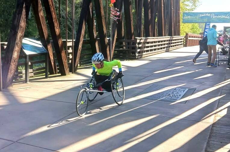 Olympic Peninsula News Group photo by Pierre LaBossiere/
Addie Killam of Burien did the Sequim Railroad Bridge Run in her wheelchair, finishing in 44:41.1, the fifth-best time of the race.
