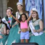 Sequim Gazette photos by Matthew Nash 
Avani Welch, 4, celebrates winning the Grand Prize for the Kids Parade on May 2 for her Kraken/mermaid cart and costume. She was chosen by the Sequim Irrigation Festivals royalty, from left, princess Emma Rhodes, prince Brayden Baritelle, princess Caroline Caudle, and queen Tilly Woods. Welch will ride in the Grand Parade on May 9.