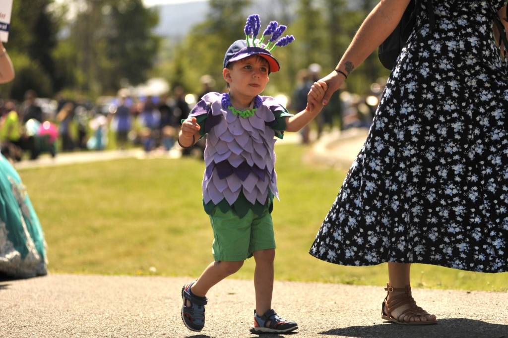 Sequim Gazette photo by Matthew Nash/ Landon Thompson, 2, participates in the Kids Parade as a lavender plant. His mom Chantell said when she heard about the All about Sequim category, she thought of lavender. He won first place for his costume.