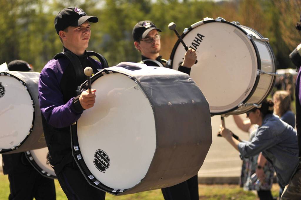 Paddy Brooks and Max Brouillard, both Sequim High School freshmen in the band, play tunes during the Kids Parade.