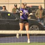 Sequim Gazette photo by Matthew Nash/ Calleigh Thompson, Sequims No. 2 singles player, returns a hit on May 1 against North Kitsaps Senna Pearson. Thompson won 3-6, 6-3, 6-4 after losing to Pearson earlier in the week.