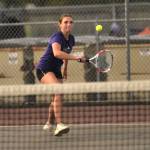 Sequim Gazette photo by Matthew Nash/ Abby Brown, one half of Sequims No. 1 doubles team with Sasha Yada, readies to make a hit against North Kitsaps No. 1 doubles team on Friday. Brown and Yada lost this match, but won three other matches earlier in the week, including on April 29 against the same Vikings pair of Addy Jess and Edi Smith.