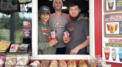 Sequim Gazette photo by Matthew Nash
Reddog Coffee, 521 S. Sequim Ave., received a perfect score for its April health inspection. Pictured are employees, from left, Joseph Lachester, Daniel Perry, and Phillip McIntyre. Manager Jacq Goin said shes proud of her team and not surprised they got 100% on the inspection. They work really hard, Goin said.